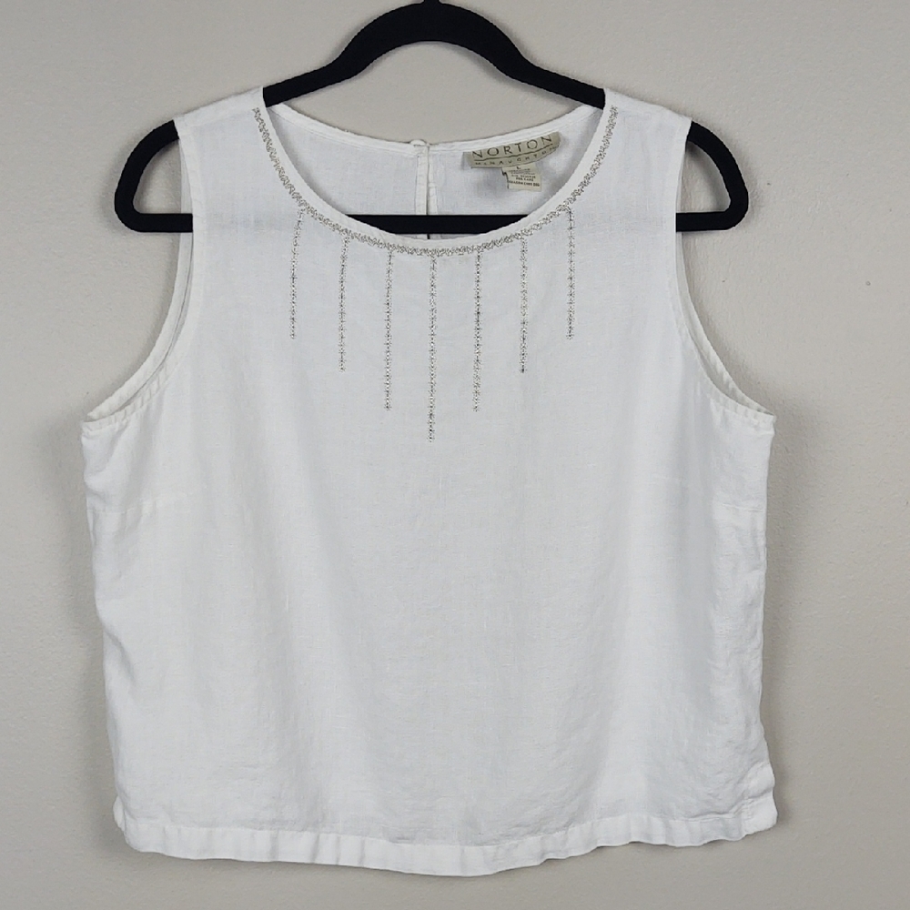 Norton McNaughton Linen Sleeveless Top Silver Metallic Embroidery White Sz L Y2K